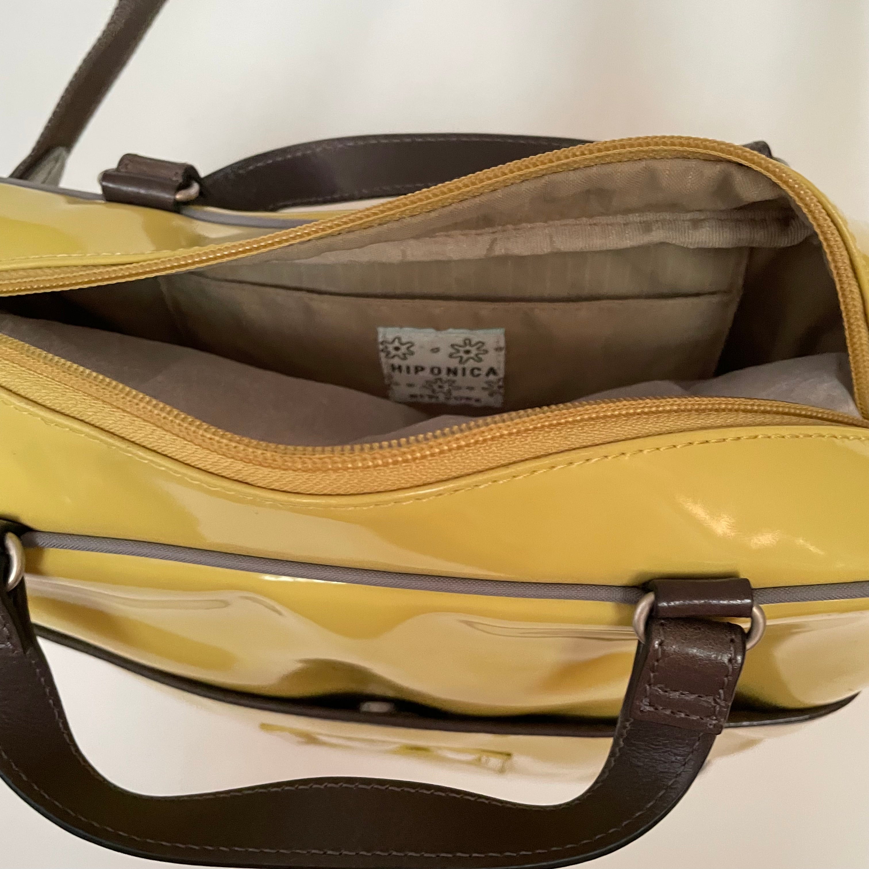 Premium Collection | Tall Vegan Enamel Leather Shoulder Bag with Detachable Shoulder Straps & Genuine Leather Handles & Juggling Robot Print | Yellow